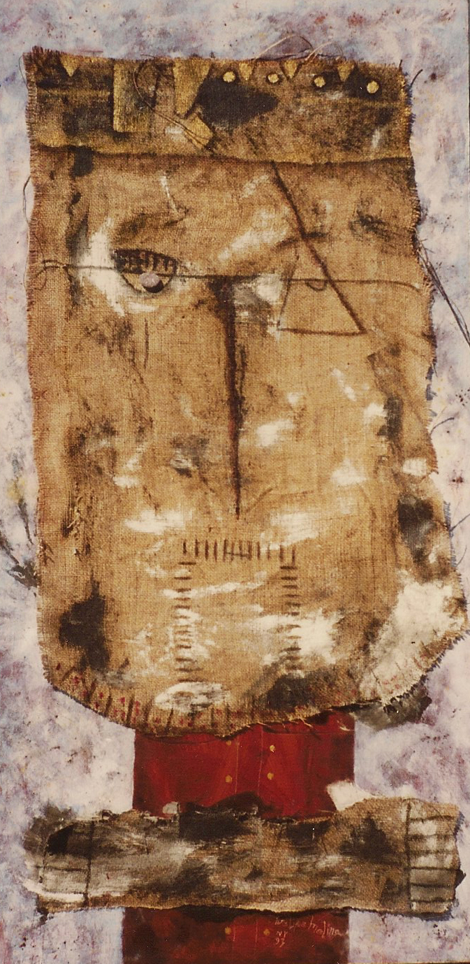 King Solomon: Oil, pebbles and burlap on canvas 48