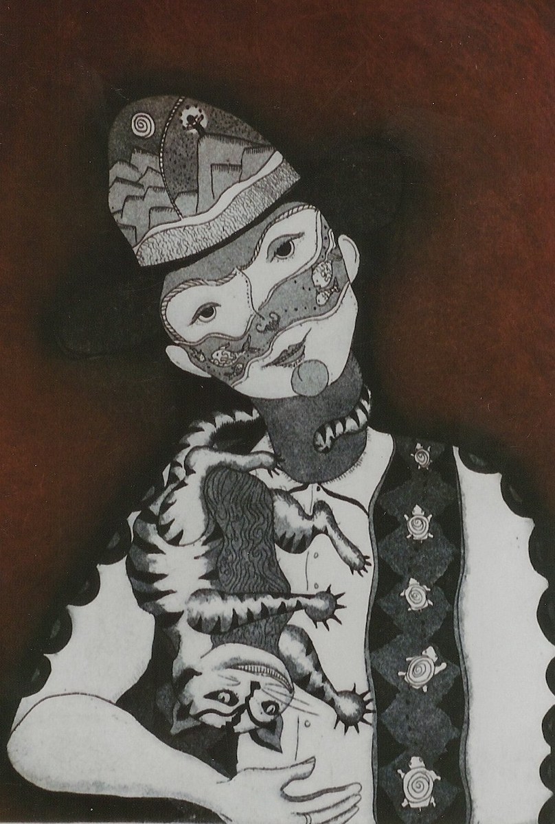 Self with cat: etching aquatint 6